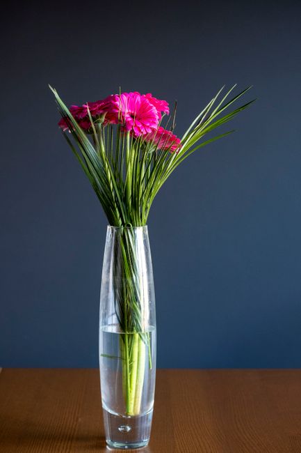 A tall, clear glass vase containing a bouquet of fresh pink carnations and slender green leaves, arranged with the stems submerged in water. The flowers display vibrant, fully open blossoms with ruffl